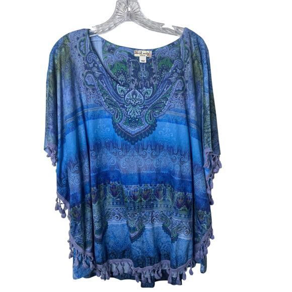 World Unity Woman 2X Blue Boho Paisley Print Tassel Hem Blouse Top Plus Size - Picture 1 of 9